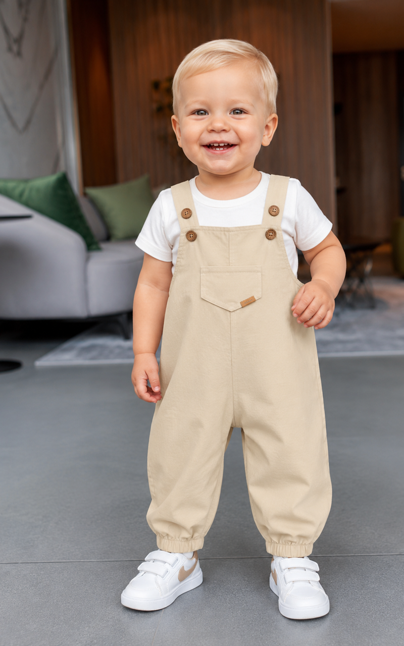 Macacão Jardineira Sarja Jogger Infantil Menino Bege Claro