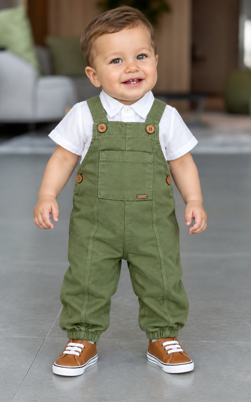 Macacão Sarja Bebê Menino Jogger Verde Militar