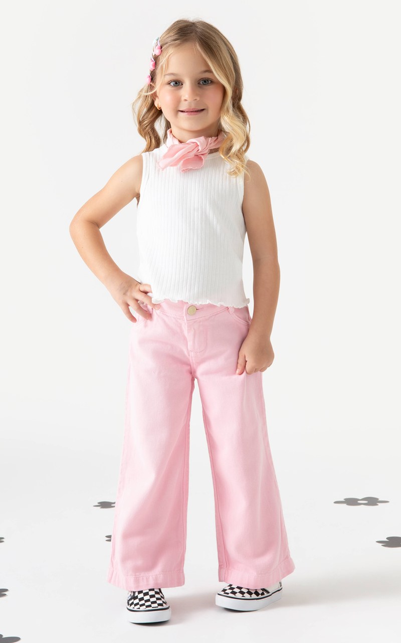 Calça Sarja Wide Leg Infantil Menina Rosa Claro