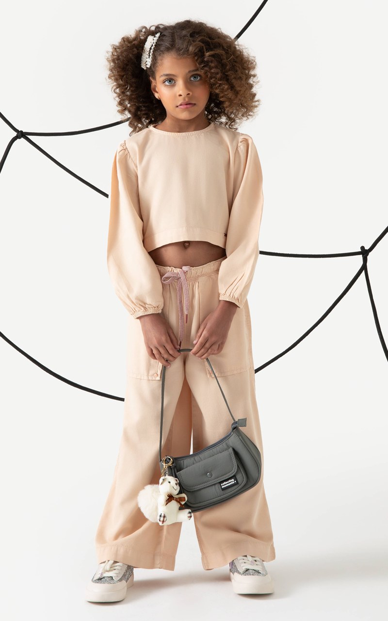 Conjunto Infantil Menina Cropped e Calça Pantalona Bege