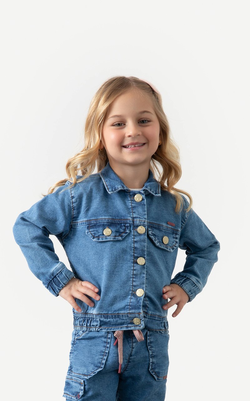 Jaqueta Bomber Jeans Azul Infantil Menina com Elastano