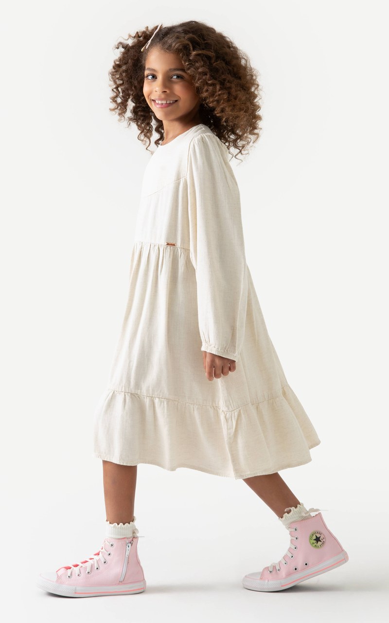 Vestido Infantil Viscolinho Natural com Manga Longa