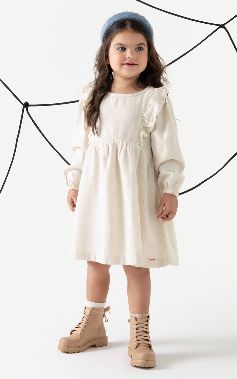 Vestido Viscolinho Natural Infantil com Babados