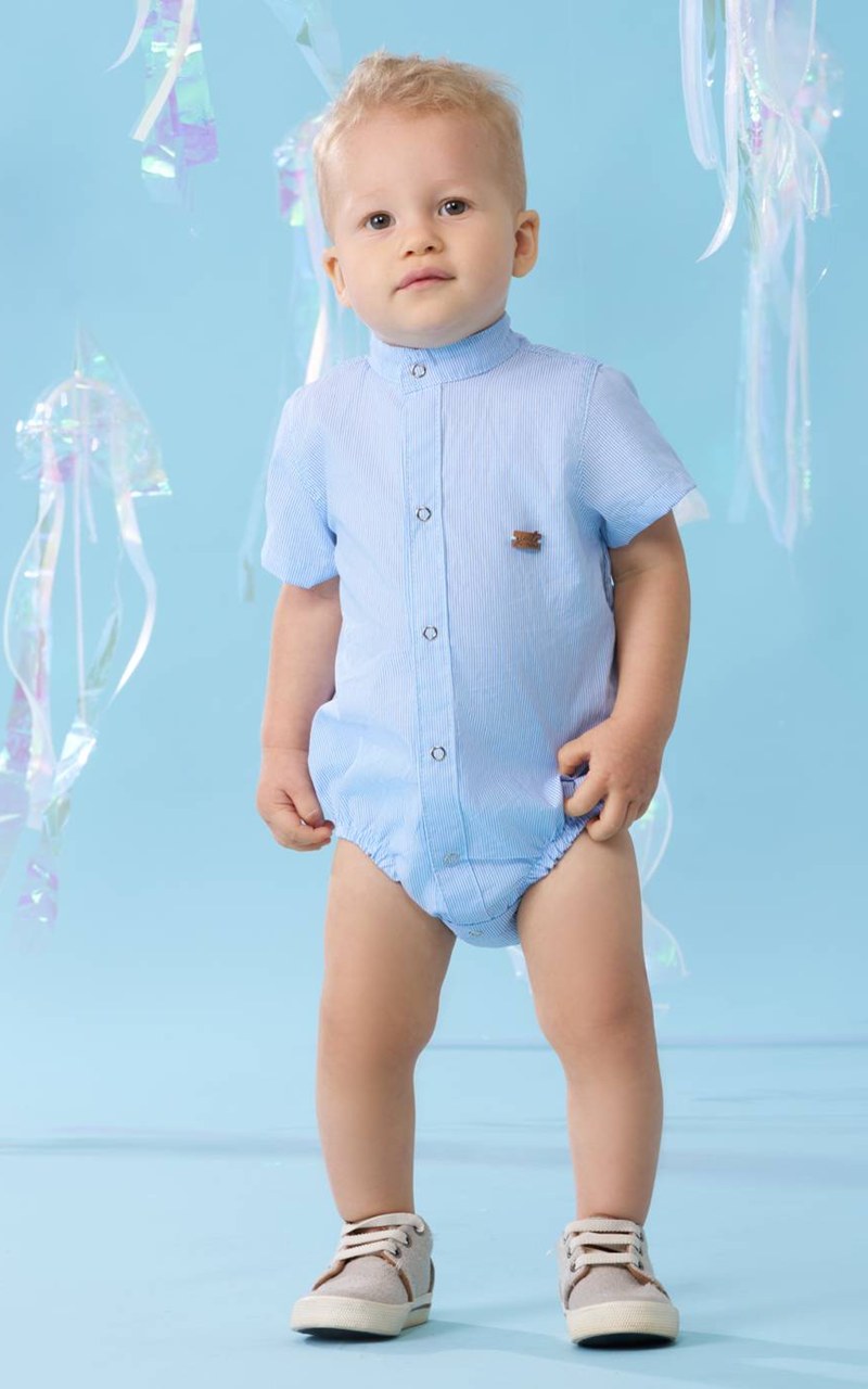 Body Camisa Tricoline Listrado Azul Bebê Menino Manga Curta