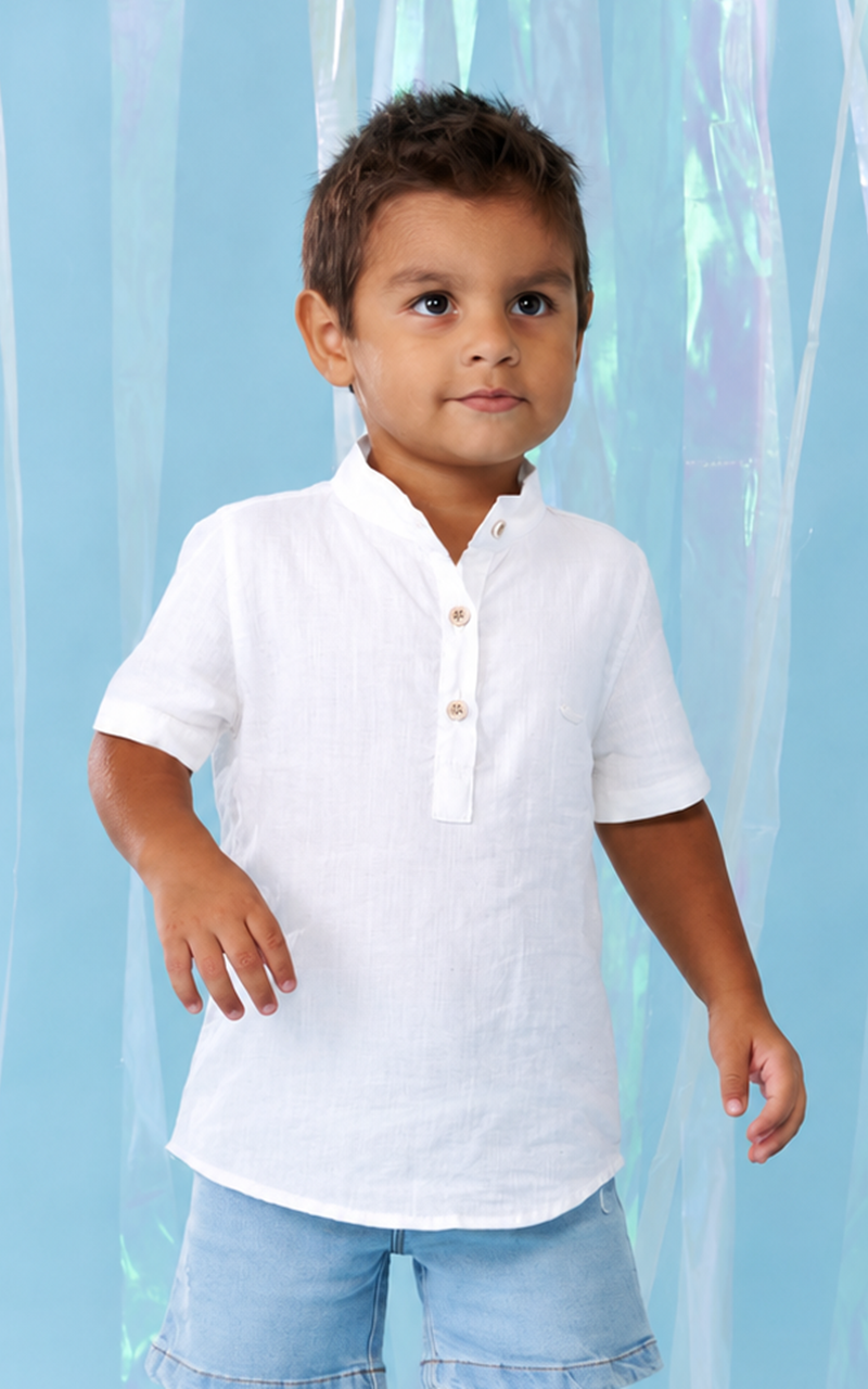 Camisa Linho Branca Infantil Menino Gola Padre