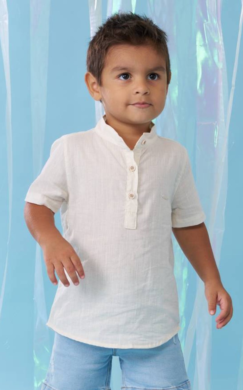 Camisa Linho Natural Infantil Menino Gola Padre