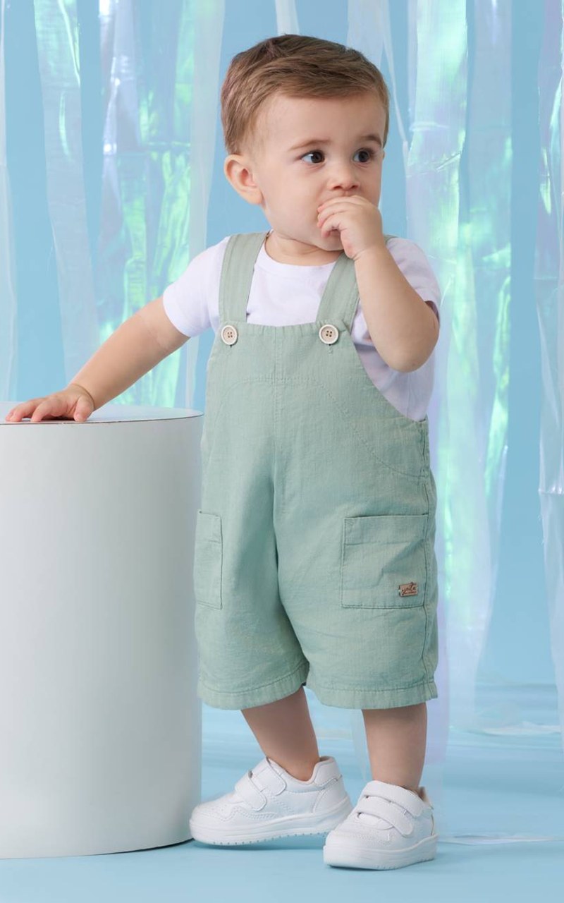 Macacão Jardineira Sarja Verde Claro Bebê Menino
