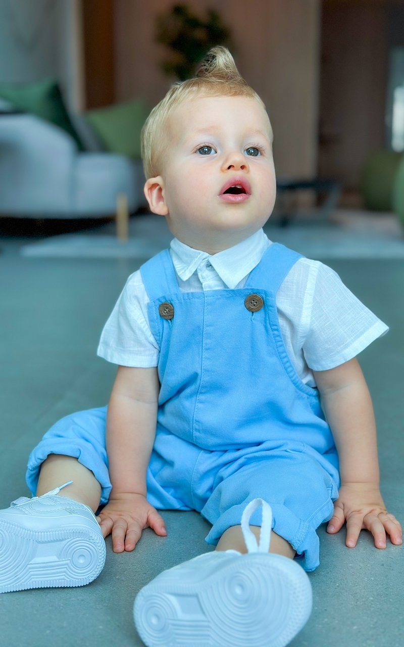 Macacão Jardineira Bebê Menino Azul em Sarja