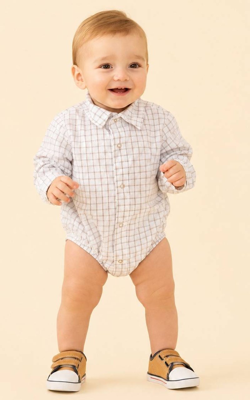 Body Camisa Xadrez Branco Bebê Menino