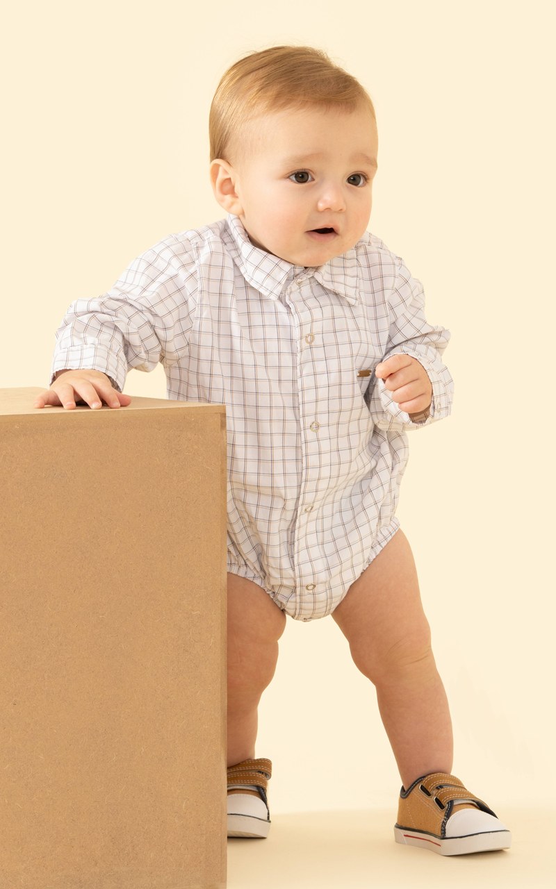 Body Camisa Xadrez Branco Bebê Menino