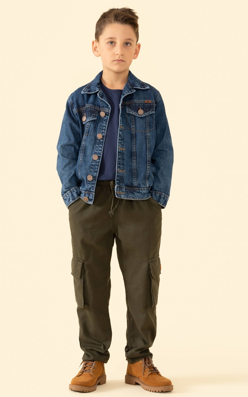 Calça Cargo Sarja Verde Militar Infantil Menino