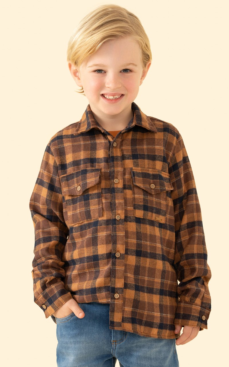 Camisa Flanela Manga Longa Infantil Menino Xadrez Marrom