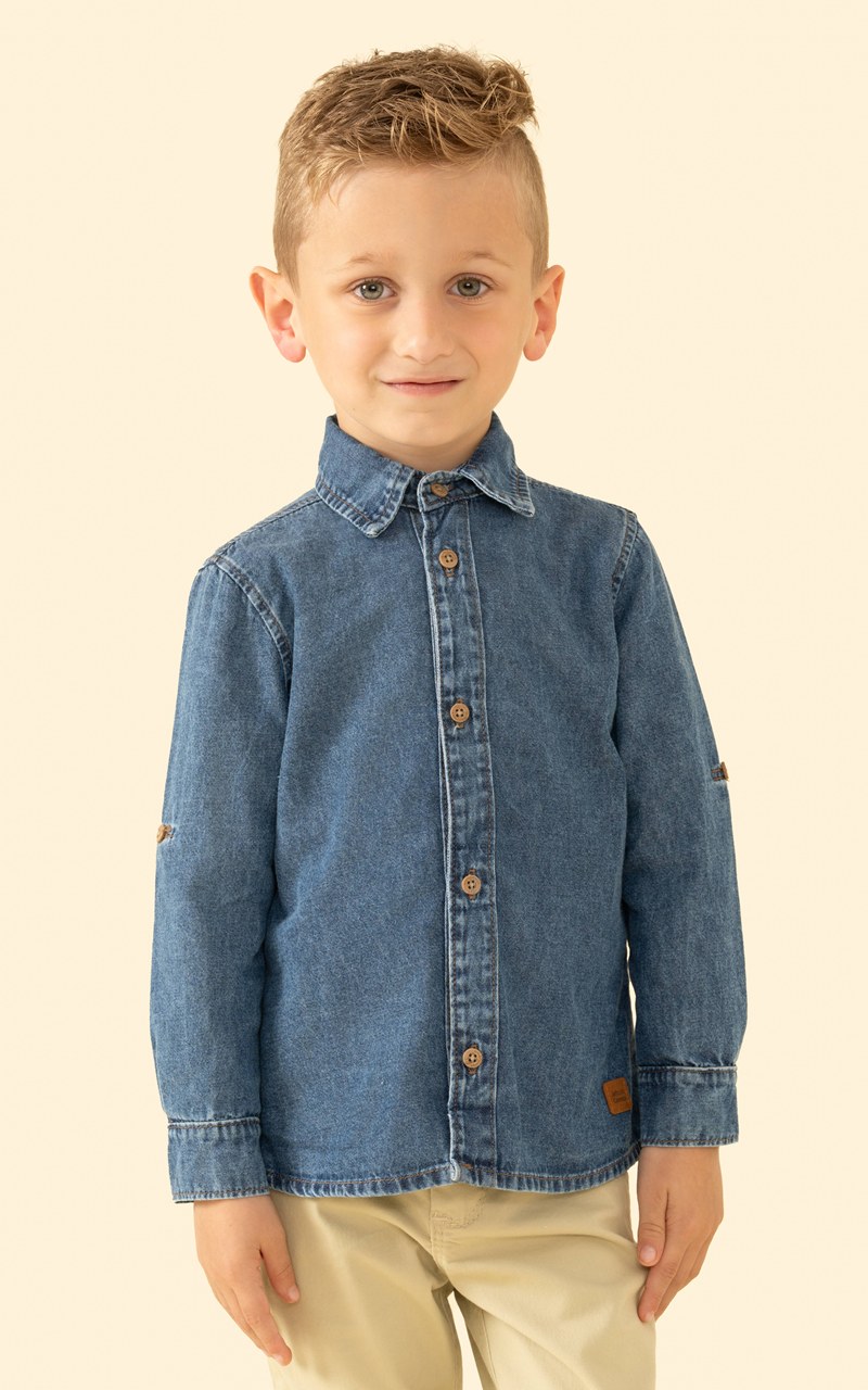 Camisa Jeans Manga Longa Infantil Menino
