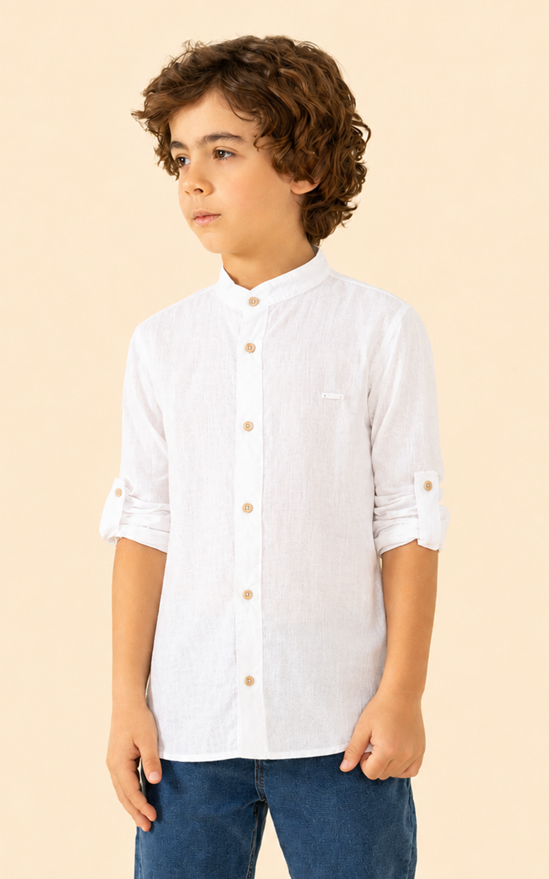 Camisa Social Linho Branca Infantil Menino Gola Padre