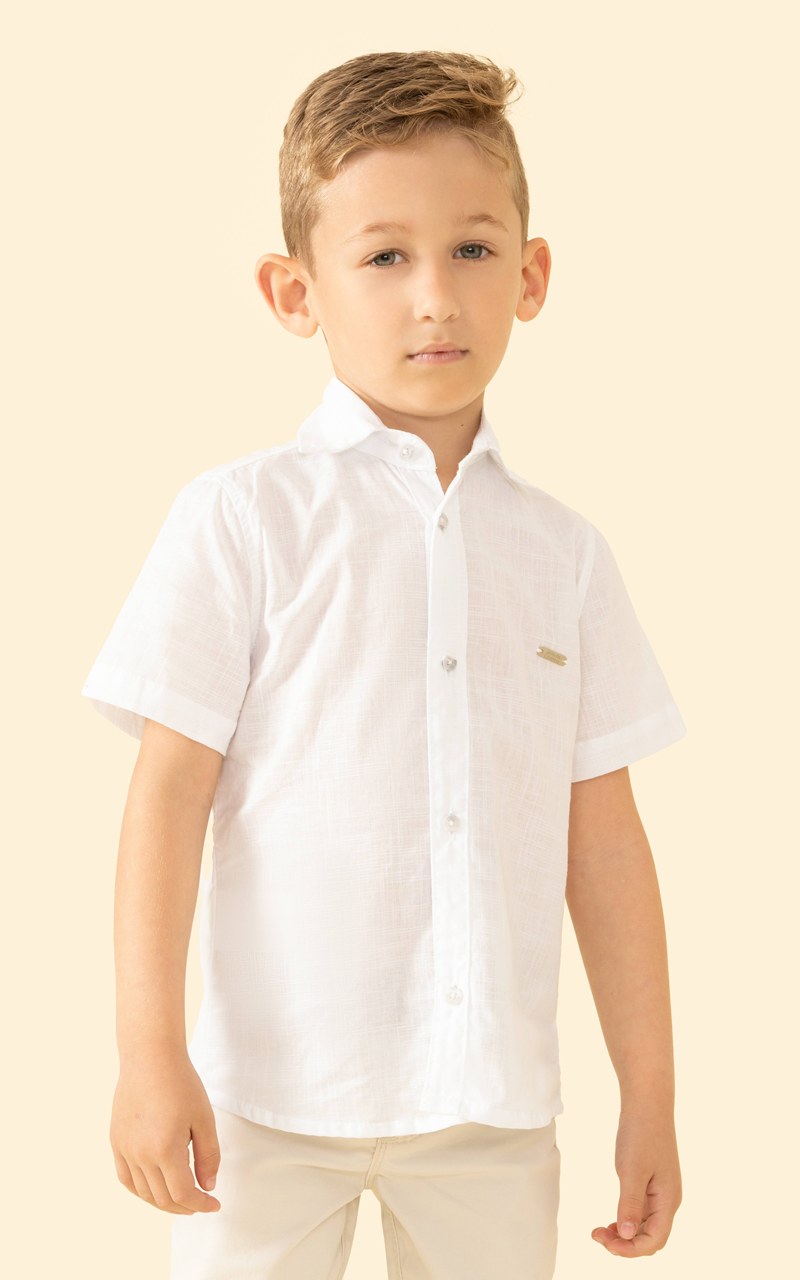 Camisa Social Linho Branco Infantil Menino Manga Curta