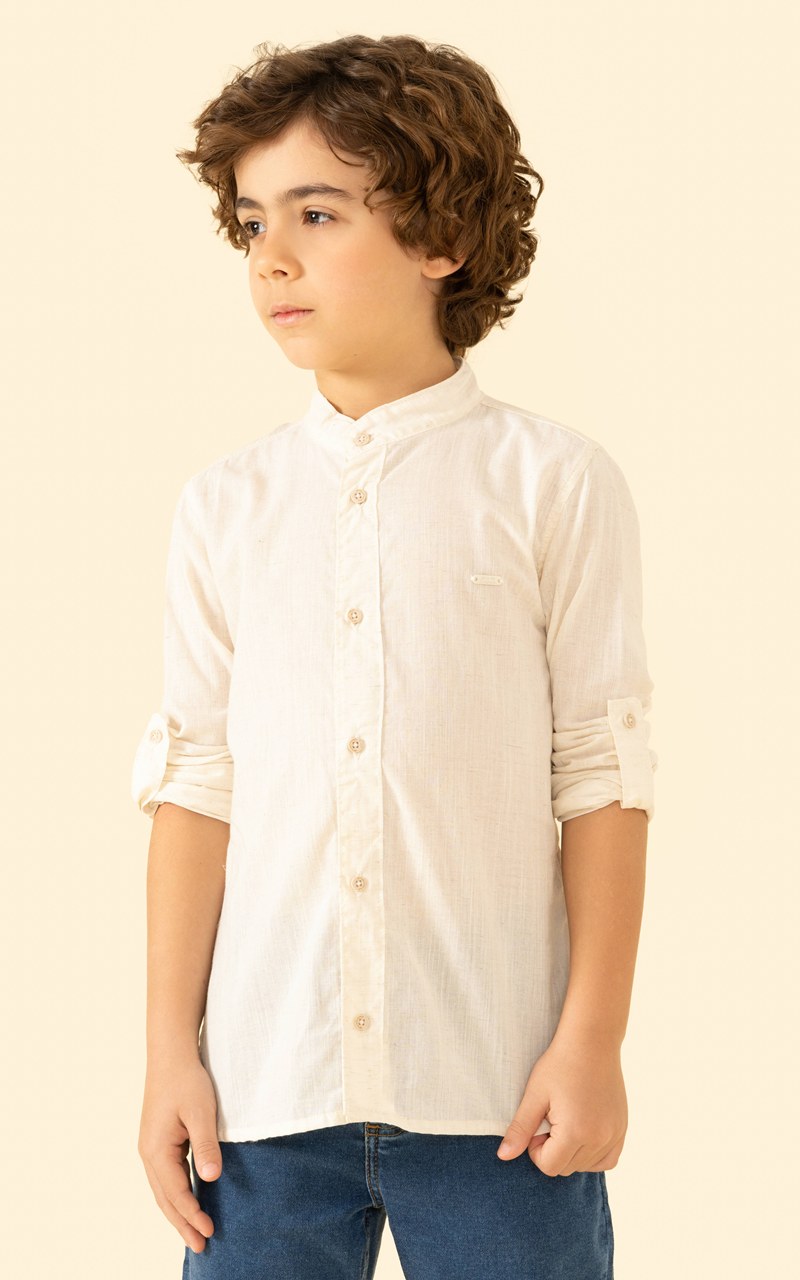 Camisa Social Linho Natural Infantil Menino Gola Padre