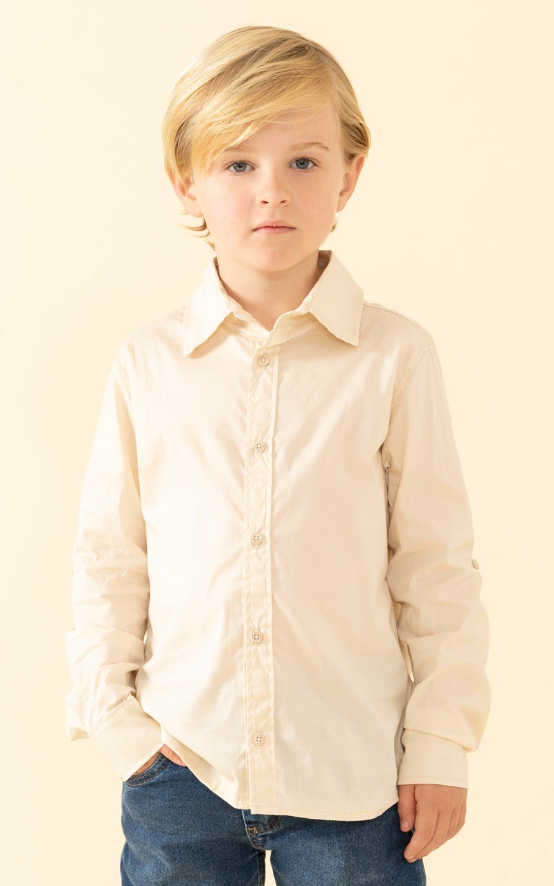 Camisa Social Tricoline Bege Infantil Menino