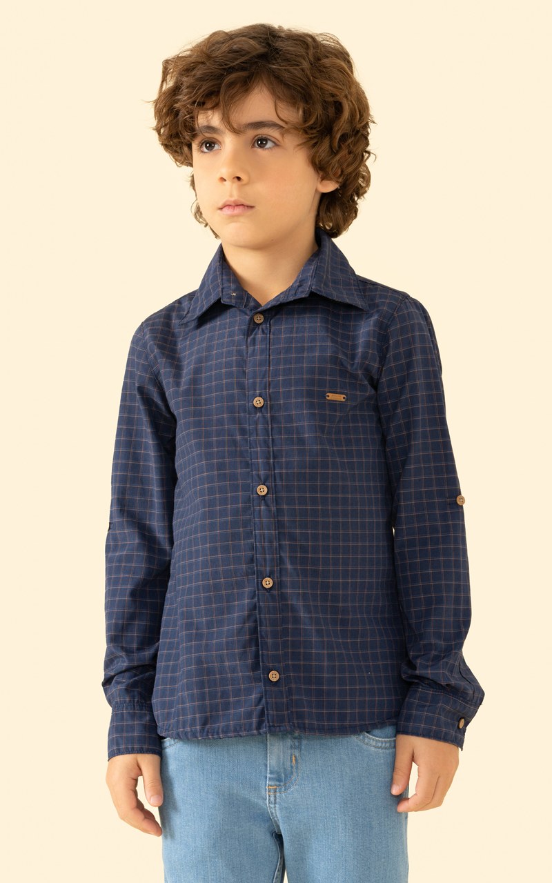 Camisa Tricoline Infantil Menino Xadrez Azul Marinho