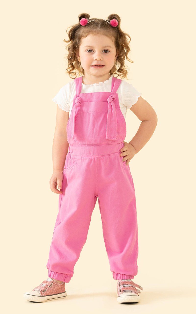 Macacão Jardineira Sarja Rosa Chiclete Infantil Menina