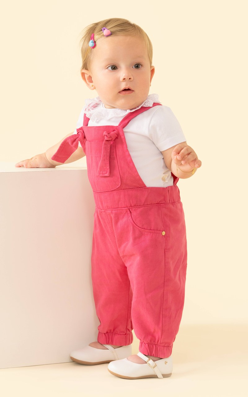 Macacão Jardineira Sarja Rosa Pink Bebê Menina