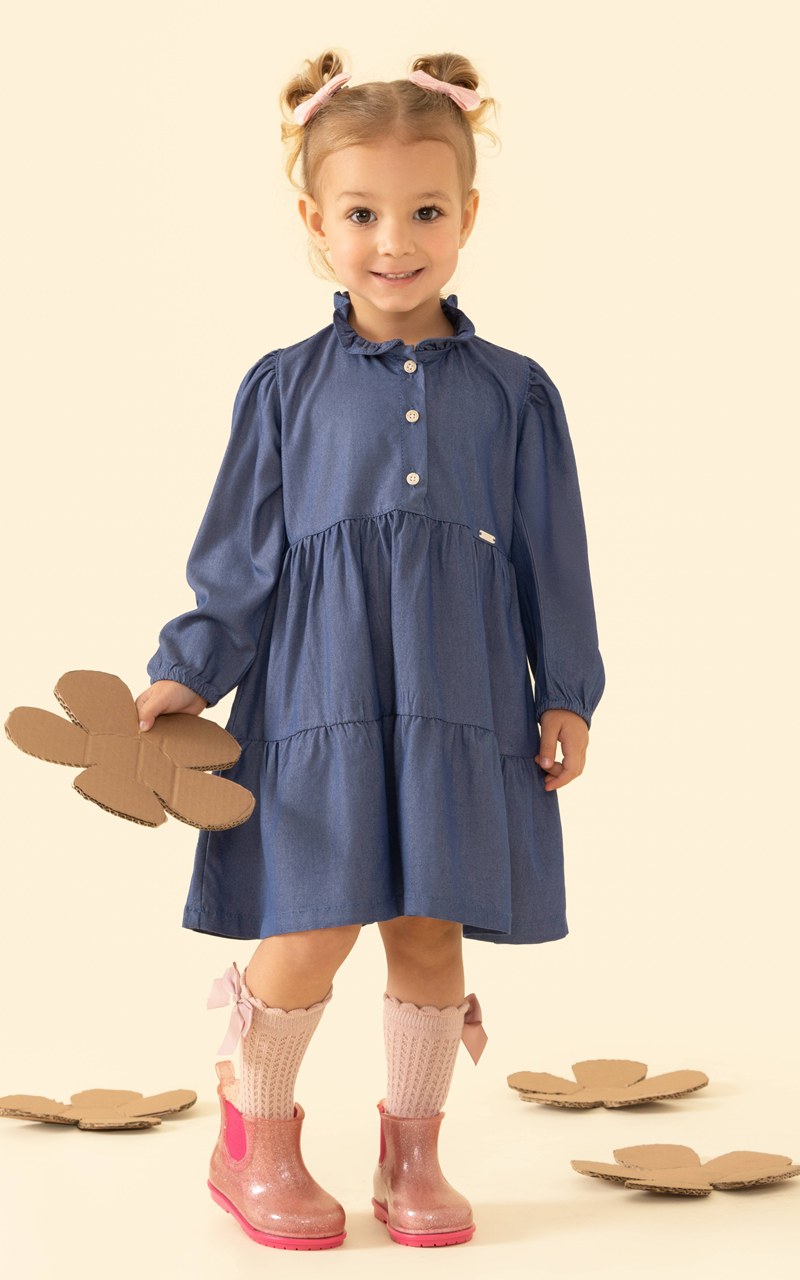 Vestido Jeans Denim Manga Longa Infantil