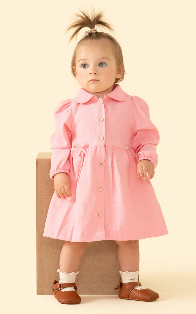 Vestido Viscose Manga Longa Rosa Bebê