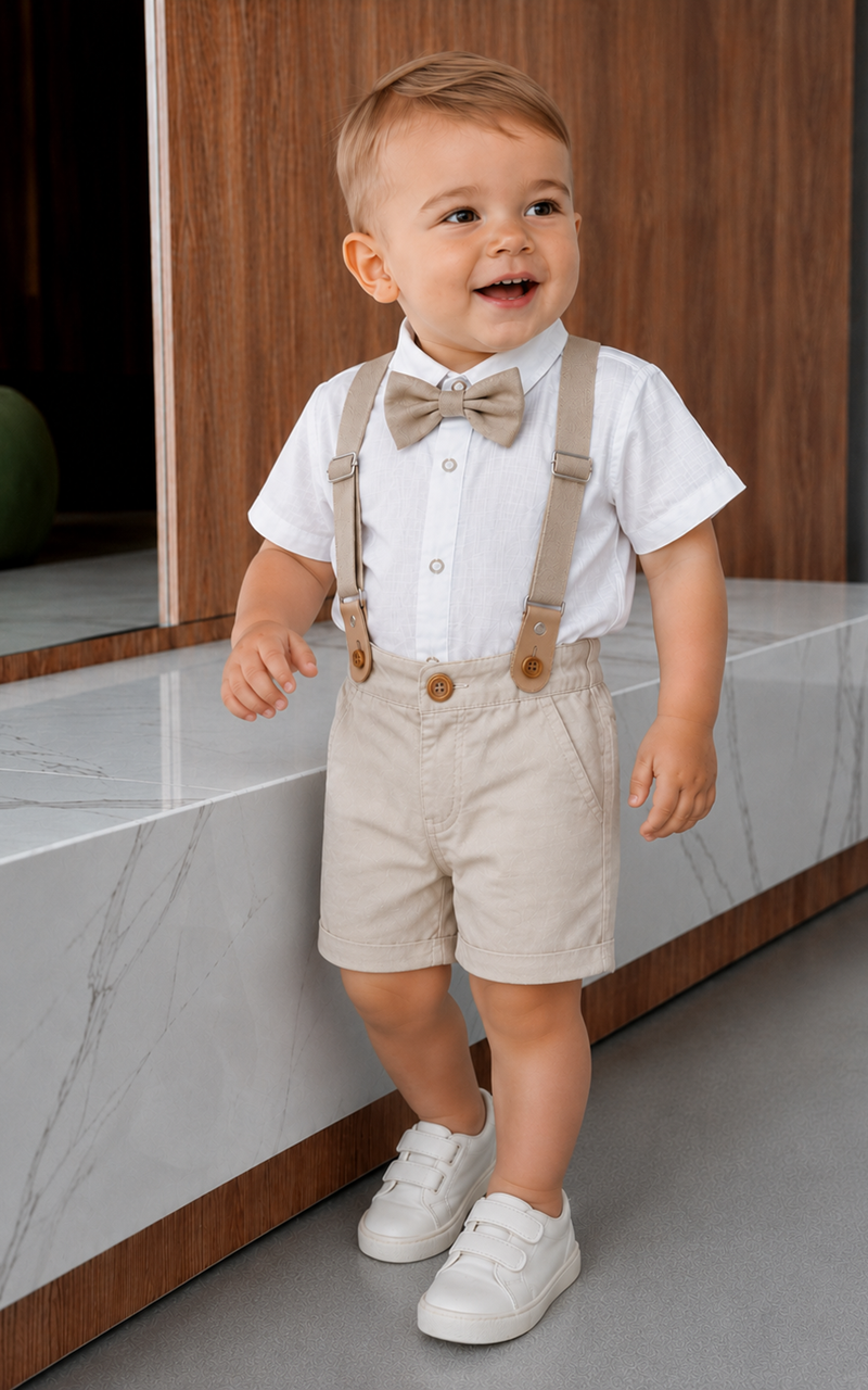 Conjunto Batizado Bebê Menino Bermuda com Suspensório e Body Manga Curta com Gravata Borboleta