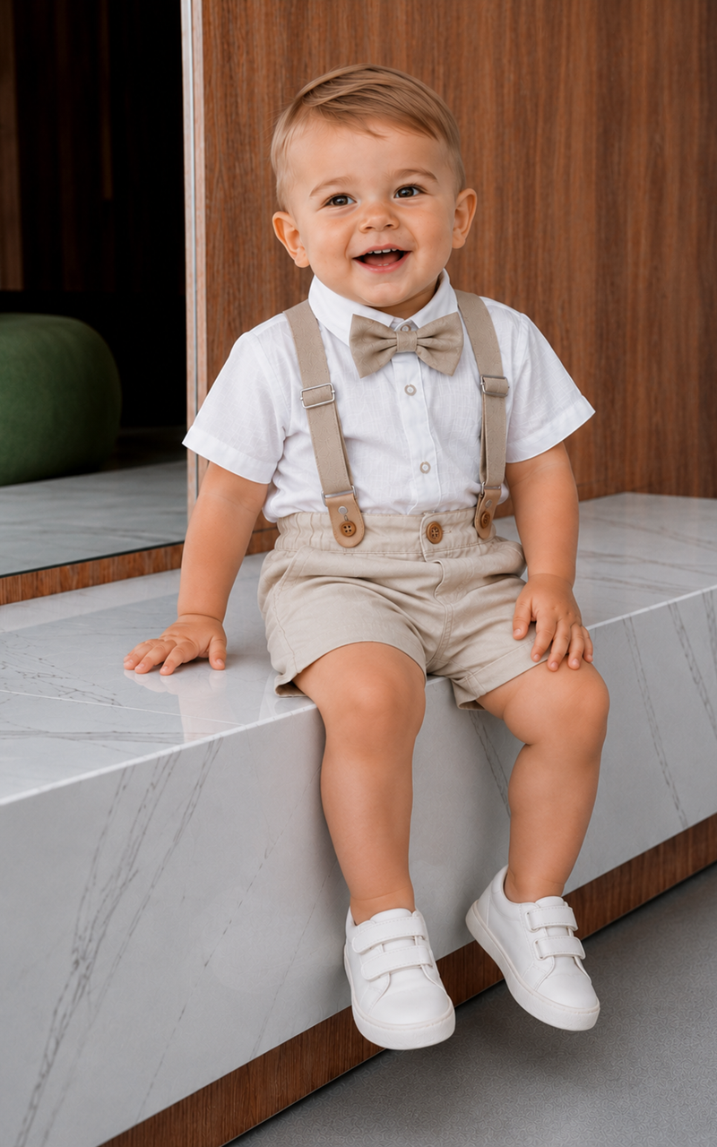 Conjunto Batizado Bebê Menino Bermuda com Suspensório e Body Manga Curta com Gravata Borboleta - Imagem 2
