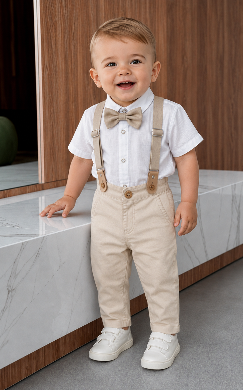 Conjunto Batizado Bebê Menino Calça com Suspensório e Body Manga Curta com Gravata Borboleta