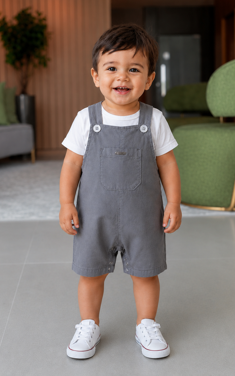 Macacão Jardineira Bebê Menino Cinza