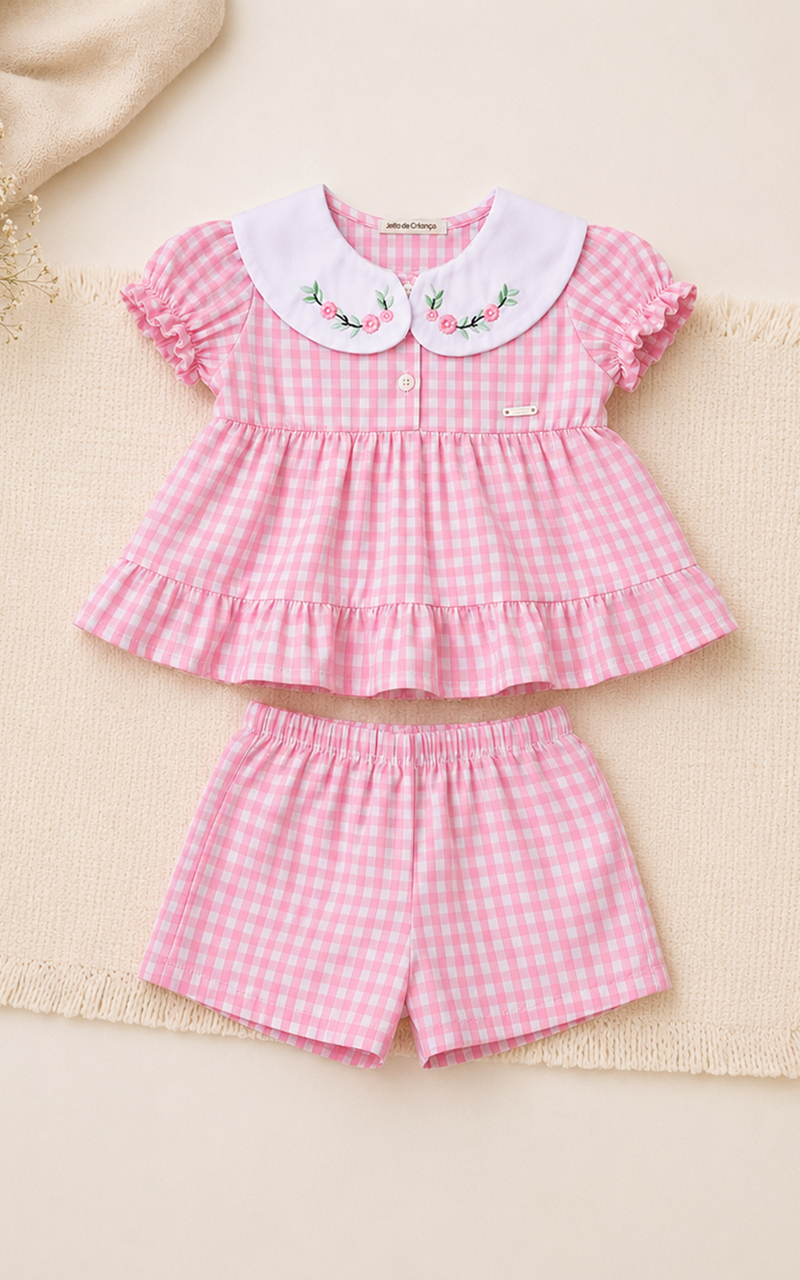 Conjunto Xadrez Rosa Shorts e Bata Infantil Menina - Imagem 2