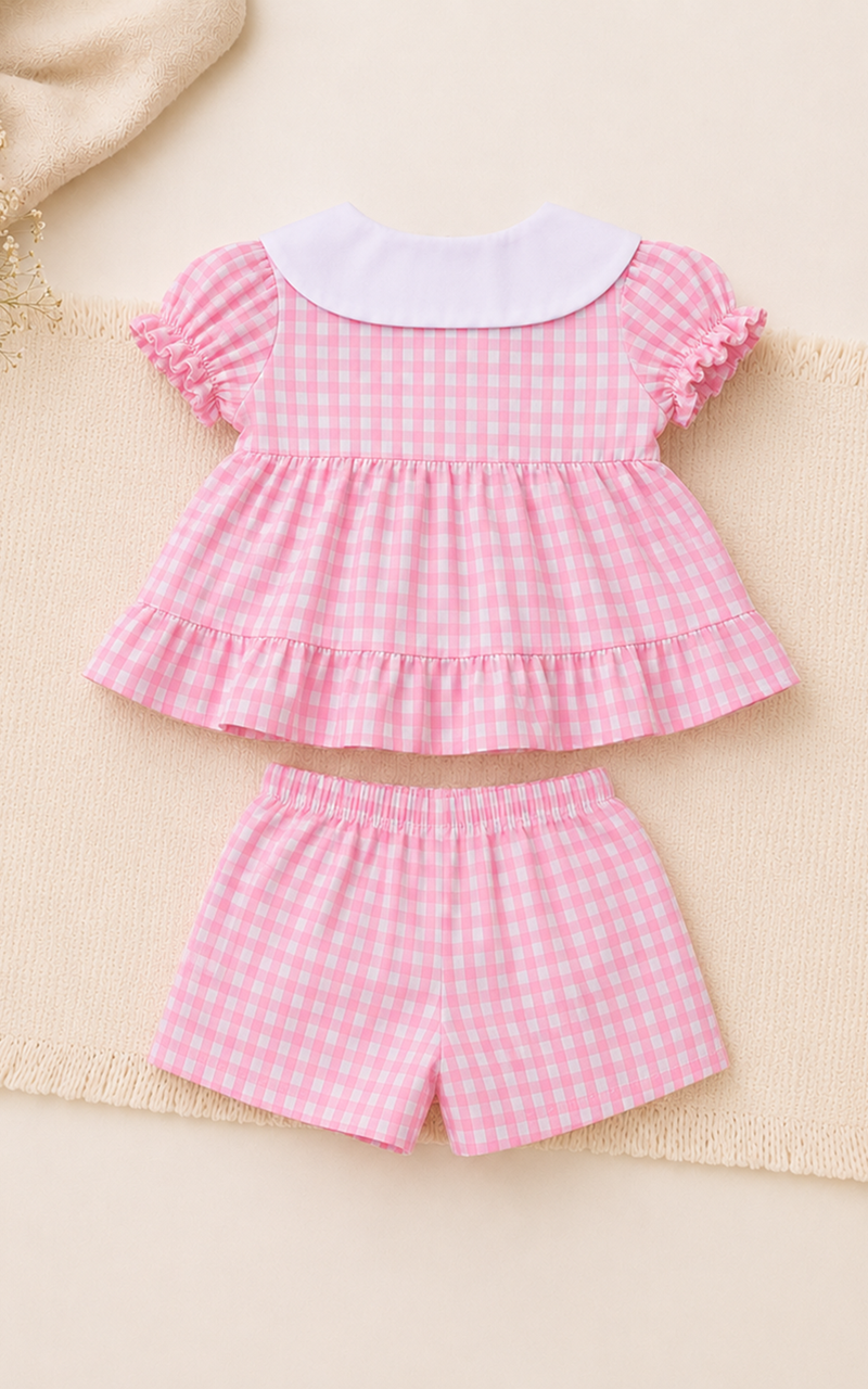 Conjunto Xadrez Rosa Shorts e Bata Infantil Menina - Imagem 3