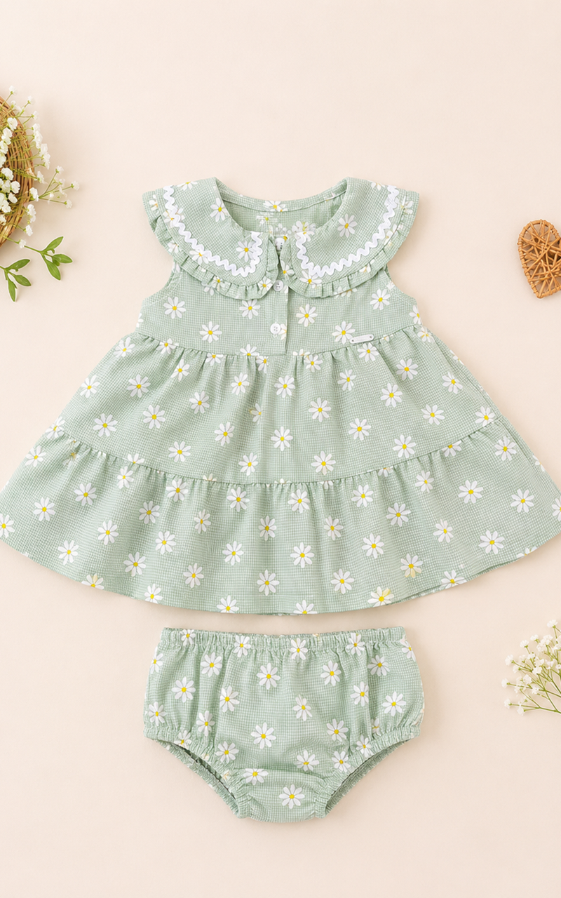 Vestido Verde com Gola Princesa e Estampa Margaridas - Imagem 3