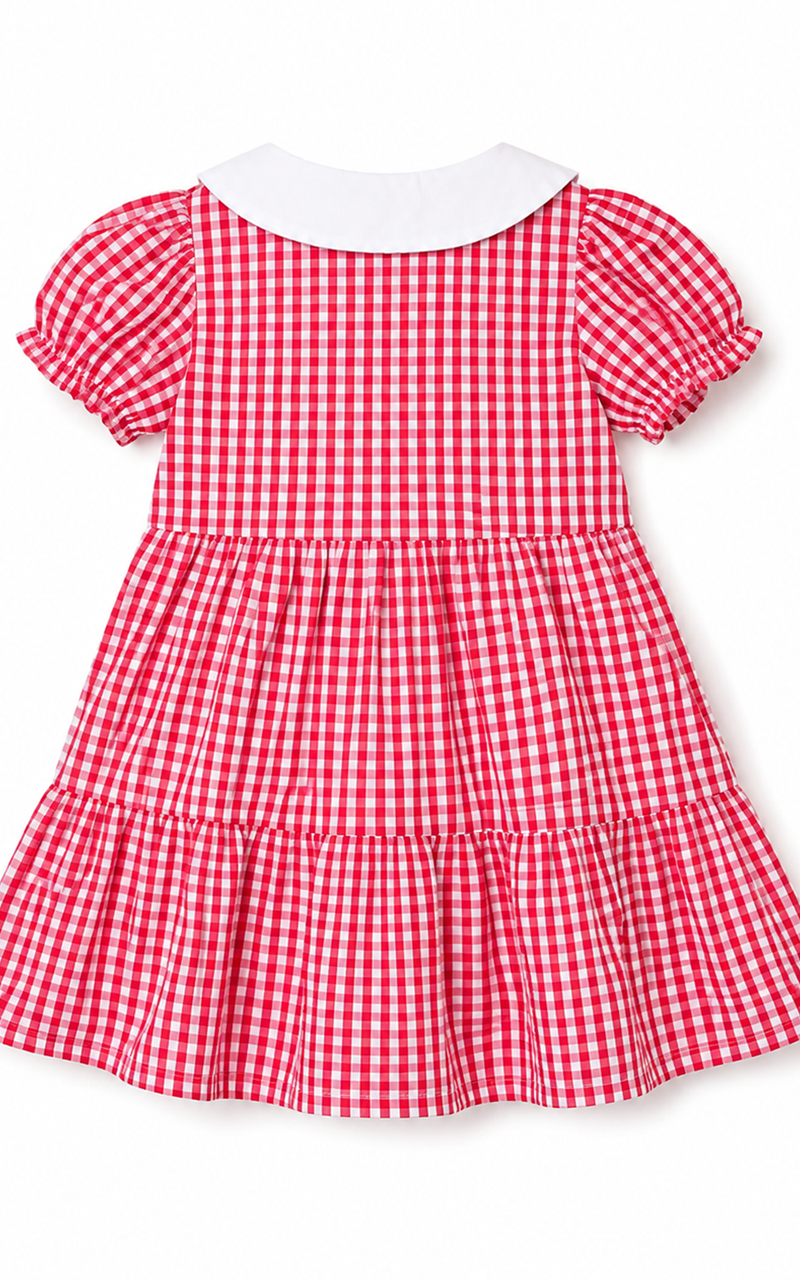 Vestido Xadrez Vermelho Gola Princesa com Bordado - Imagem 6
