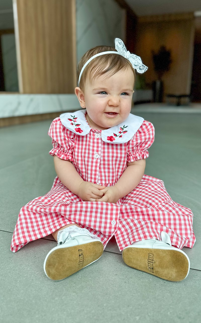 Vestido Xadrez Vermelho Gola Princesa com Bordado - Imagem 3