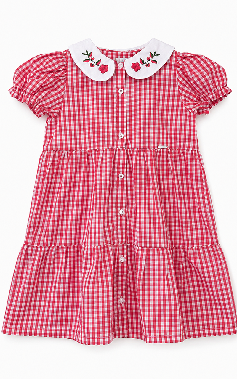 Vestido Xadrez Vermelho Gola Princesa com Bordado - Imagem 5