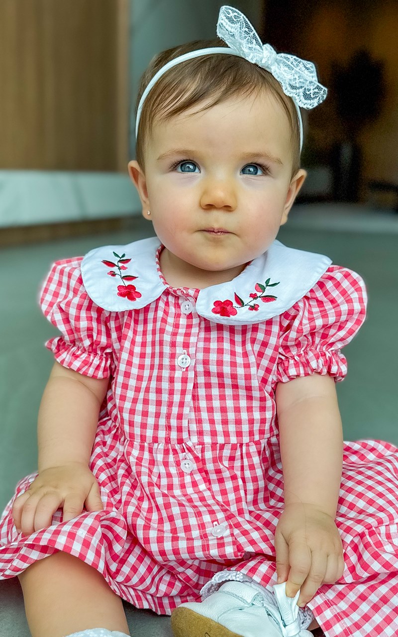 Vestido Xadrez Vermelho Gola Princesa com Bordado - Imagem 4