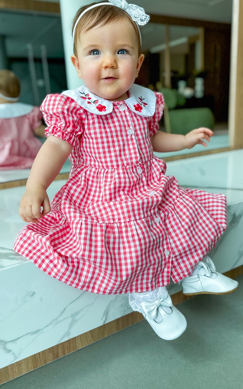 Vestido Xadrez Vermelho Gola Princesa com Bordado