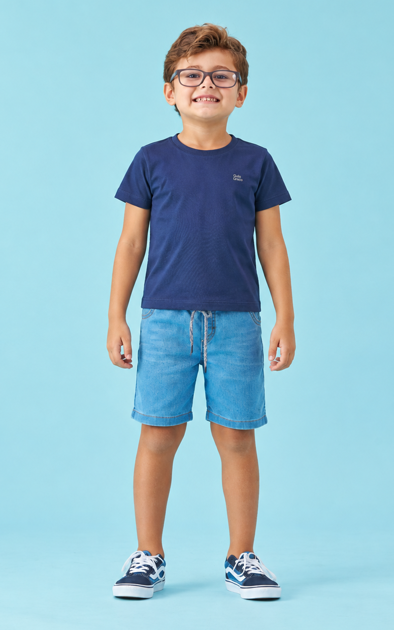 Bermuda Jeans Infantil Menino com Cós de Elástico e Cordão