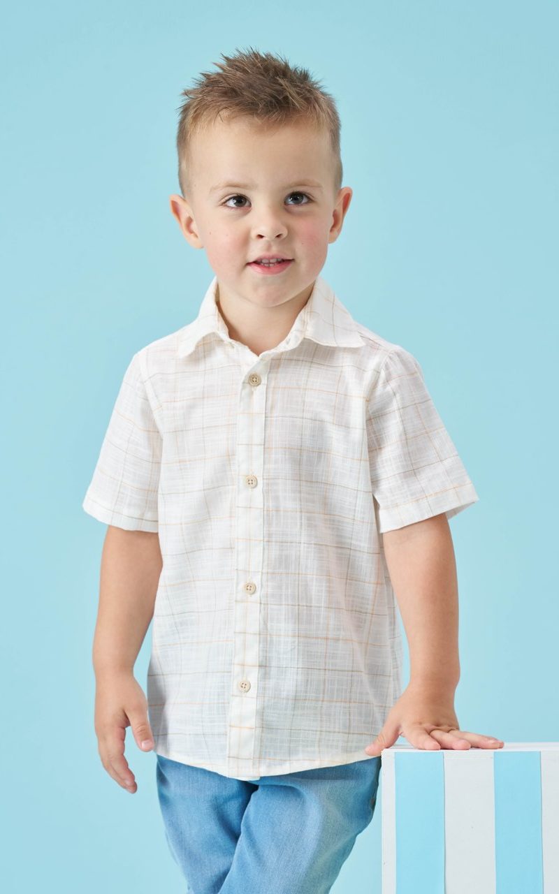 Camisa Linho Infantil Menino Xadrez Bege