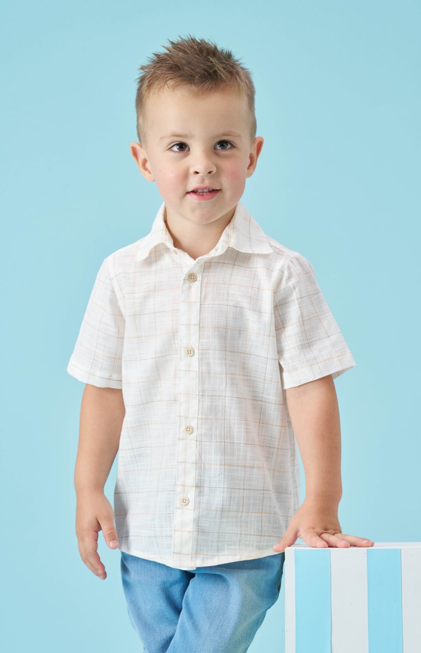 Camisa Linho Infantil Menino Xadrez Bege