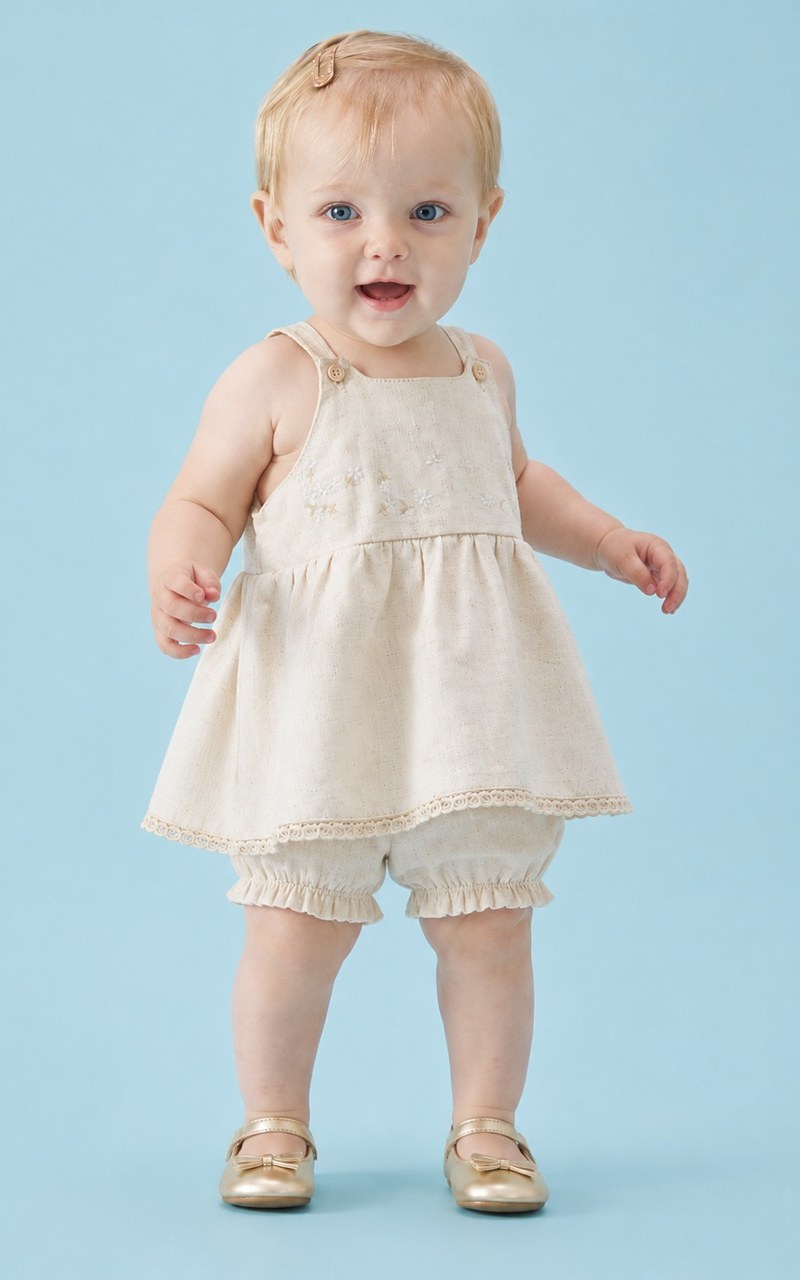 Conjunto Linho Shorts e Bata com Bordado Floral Bebê Menina