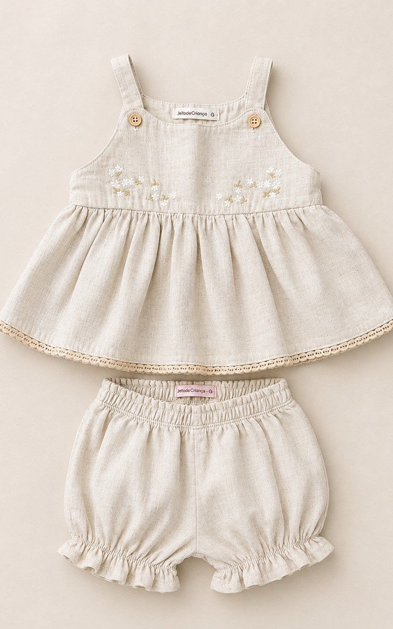 Conjunto Linho Shorts e Bata com Bordado Floral Bebê Menina - Imagem 3
