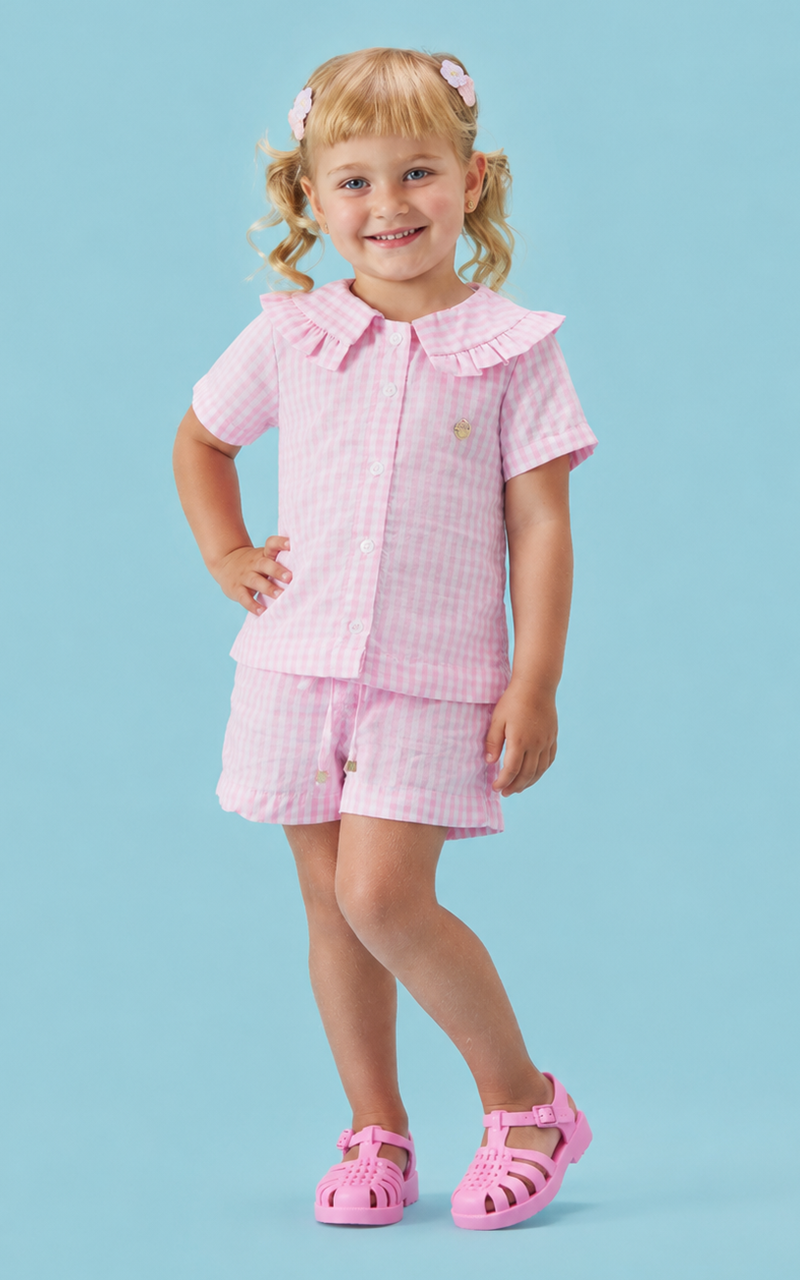 Conjunto Shorts e Blusa Xadrez Rosa com Gola Princesa Infantil Menina