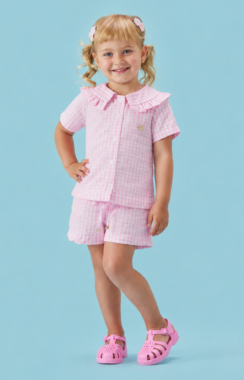 Conjunto Shorts e Blusa Xadrez Rosa com Gola Princesa Infantil Menina