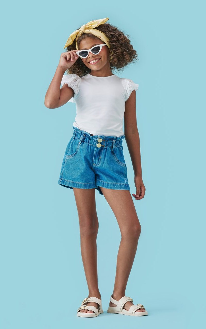 Shorts Jeans Infantil Menina Cós Clochard com Elástico