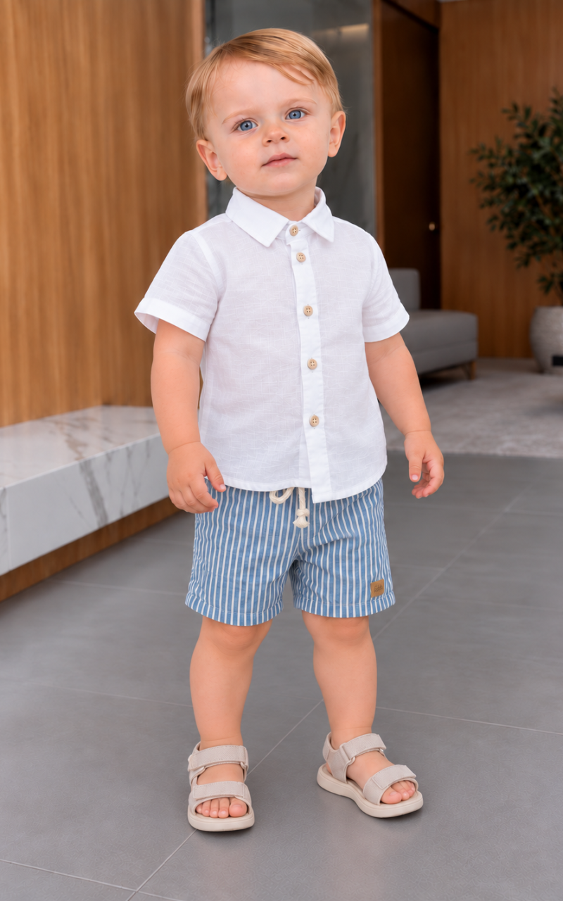 Conjunto Infantil Menino Camisa Branca e Bermuda Listrada Azul
