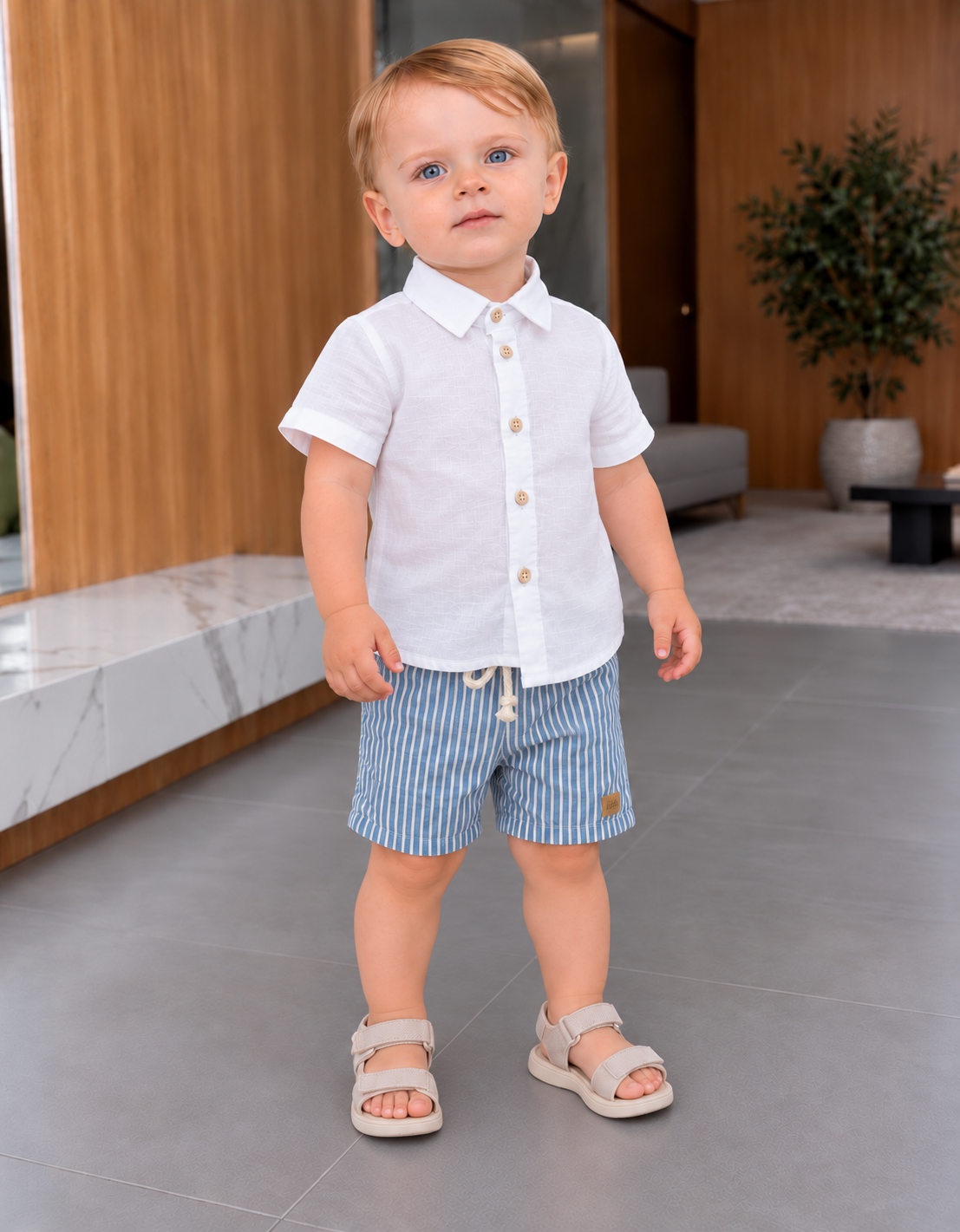 Conjunto Infantil Menino Camisa Branca e Bermuda Listrada Azul