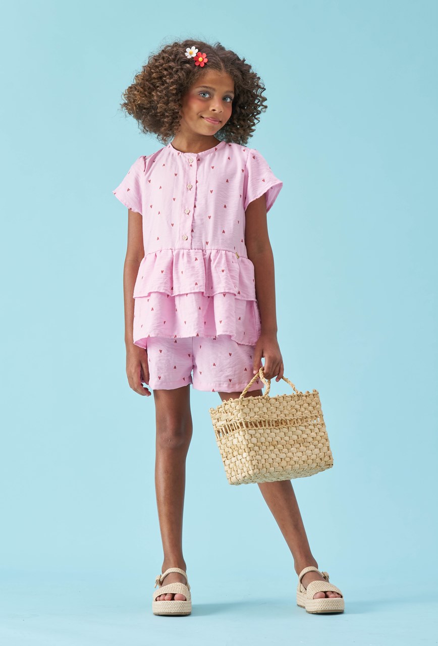 Conjunto Shorts e Bata Infantil Menina Estampa Corações