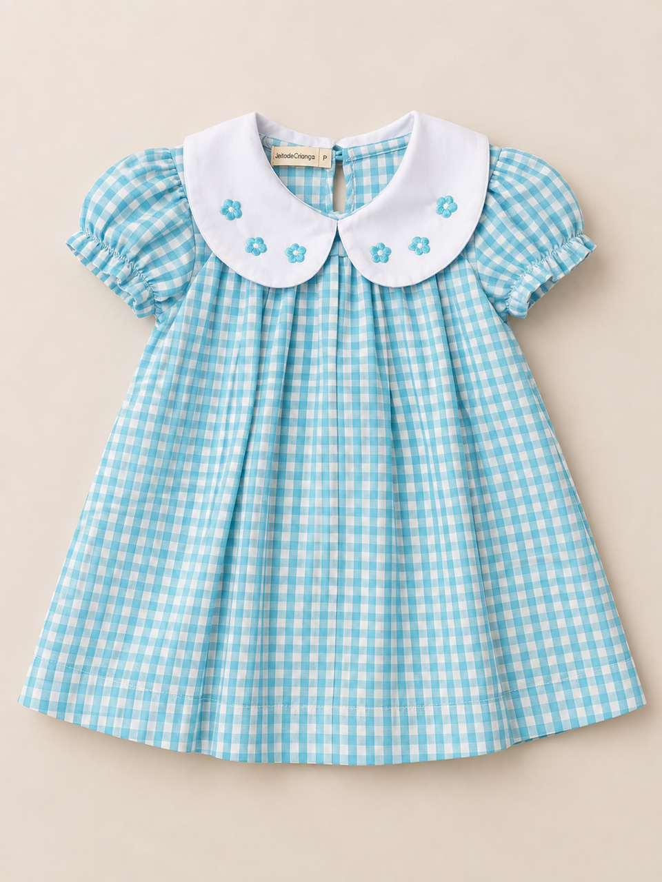 Vestido Xadrez Azul Gola Princesa com Bordado - Imagem 2
